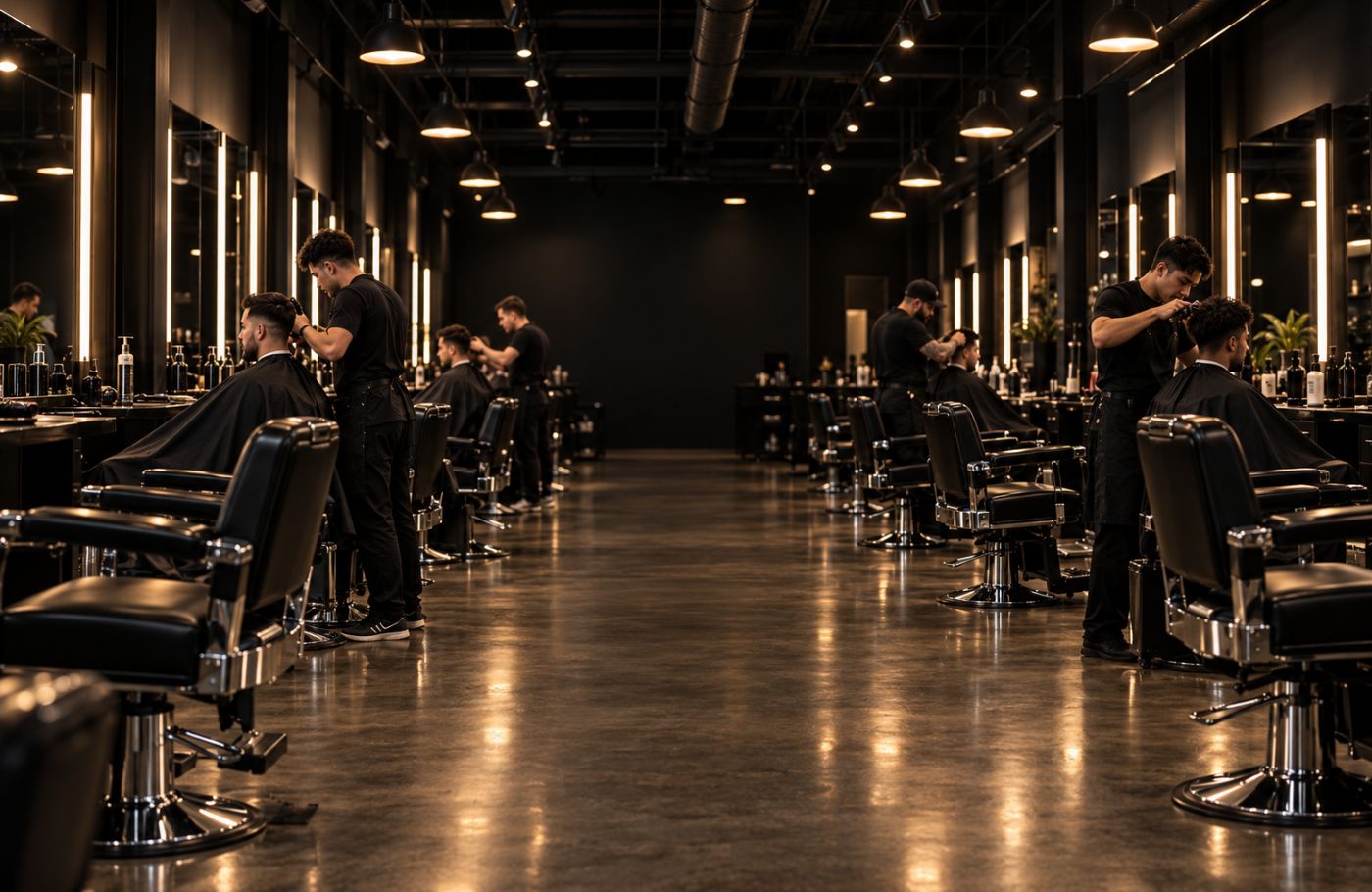 Alberta Barber Academy training floor with rows of barber stations