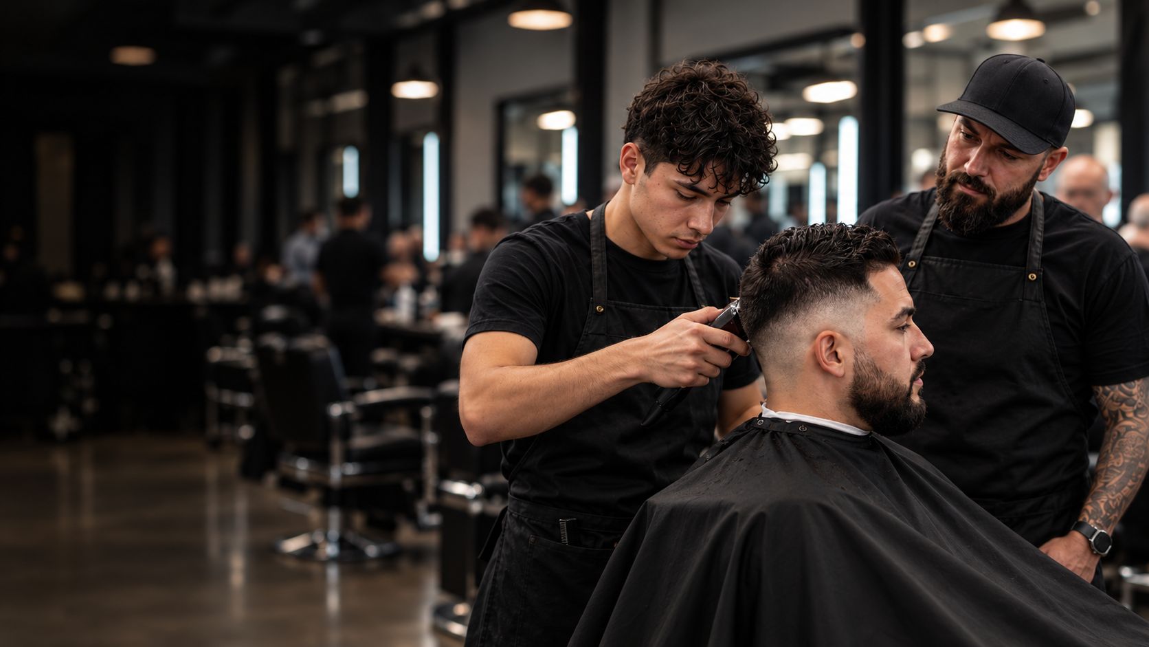 Barber instructor guiding a student through a fade on a real client