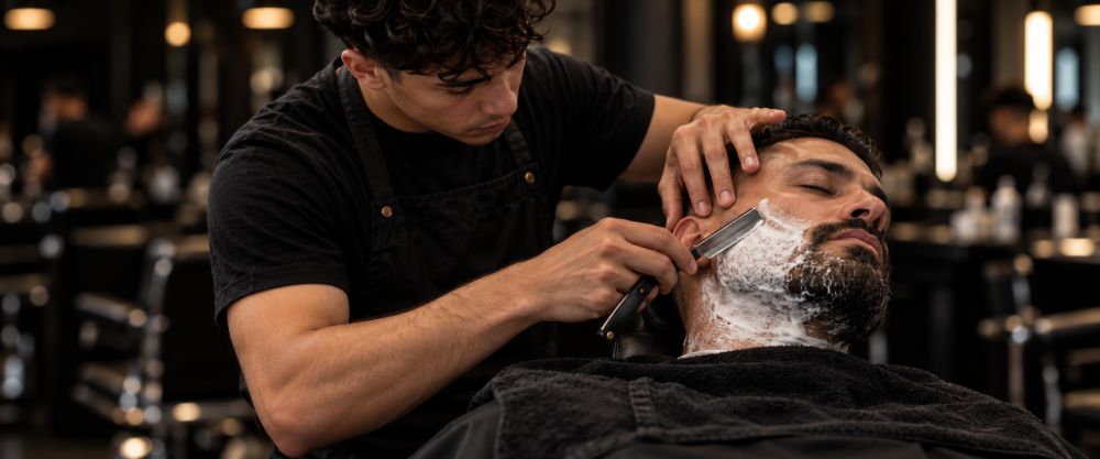 Straight-razor shave in progress