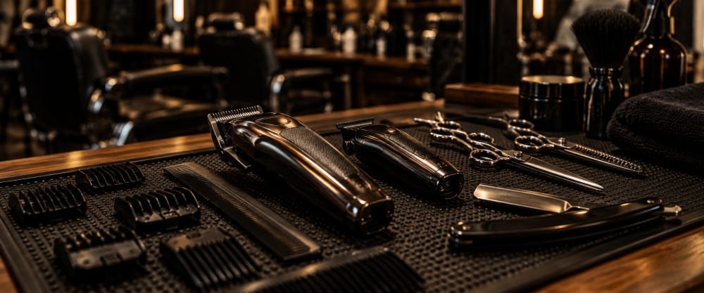 Professional barbering tools on a station
